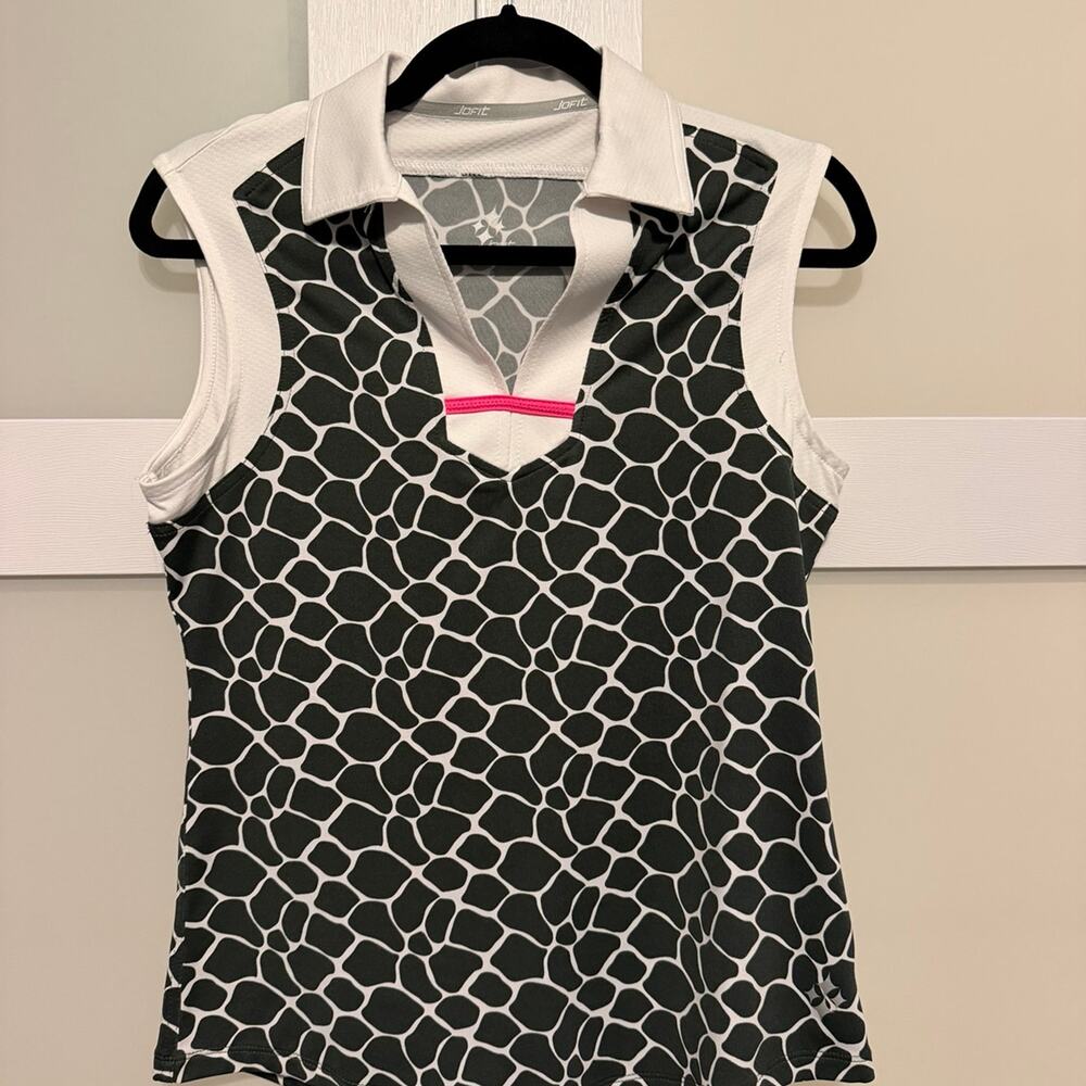 Jofit Womens Small Sleeveless Golf Polo Black White Giraffe Print Performance